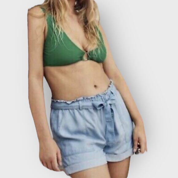 Aerie Paperbag Chambray Shorts Medium Blue High Waist Tie Waist Pocketed Beachy - Picture 2 of 5